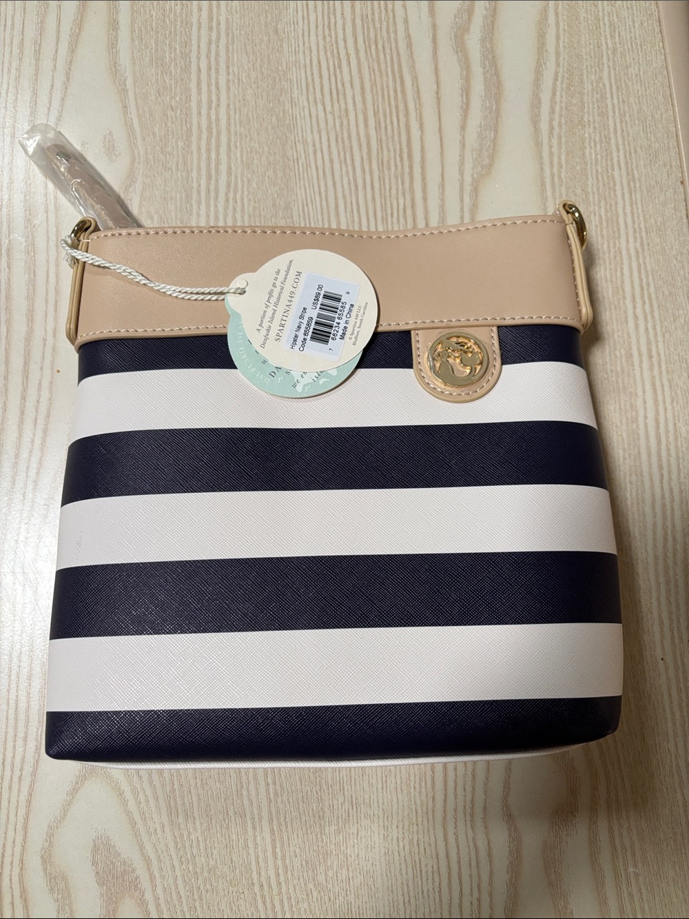 Striped Crossbody Bag in Navy & White with Beige Trim